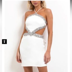 HAND-BEADED HALTERNECK MINI DRESS - Patbo